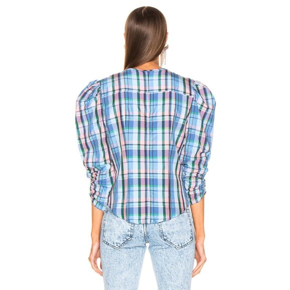 Isabel Marant Esmee Twisted Plaid Puff Shoulder Blouse in Blue Pink Green‎ - Picture 4 of 14